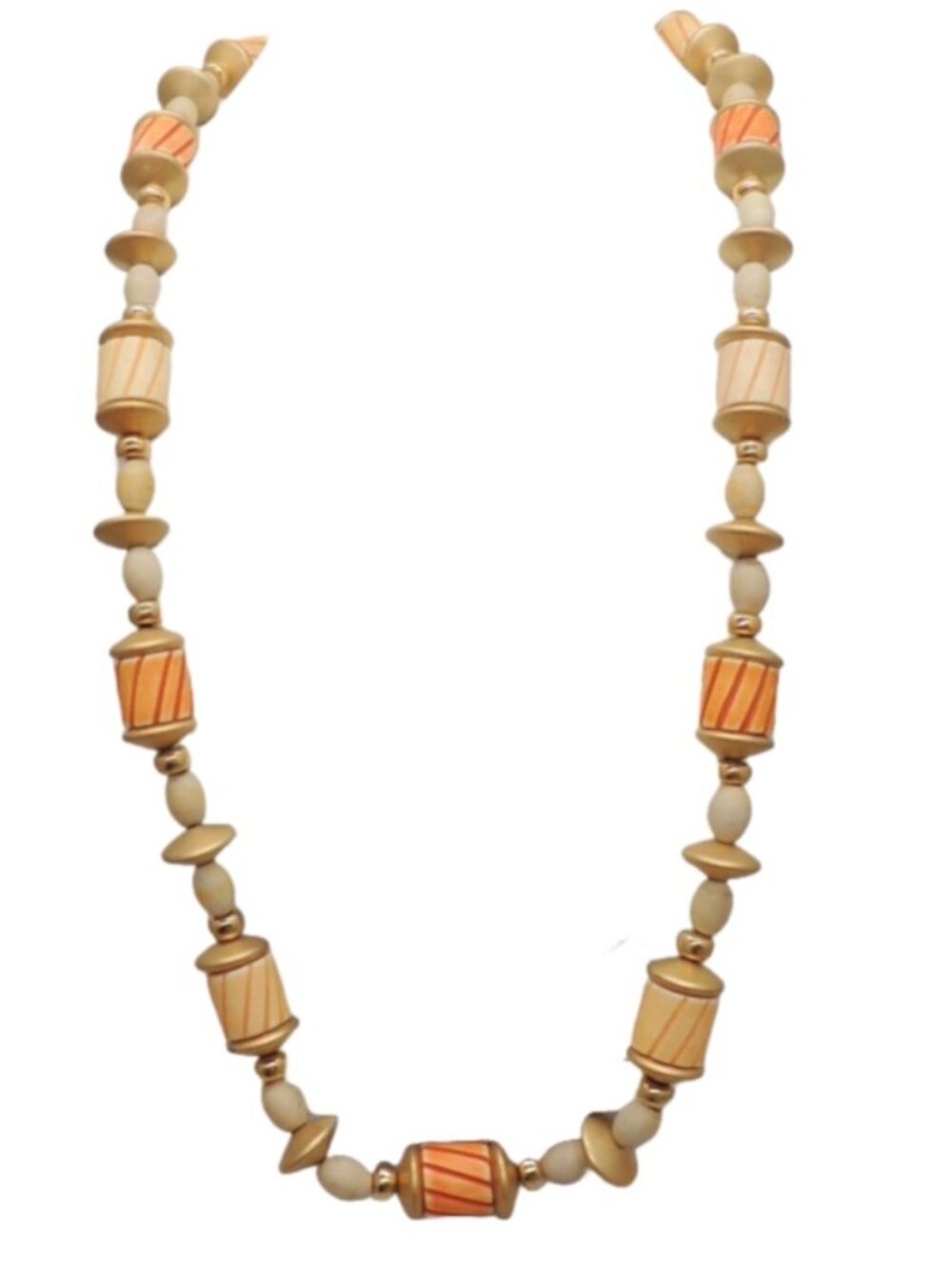 Vintage Signed Napier Tan & Orange Hand Carved Beads Sautoir Necklace, 1985